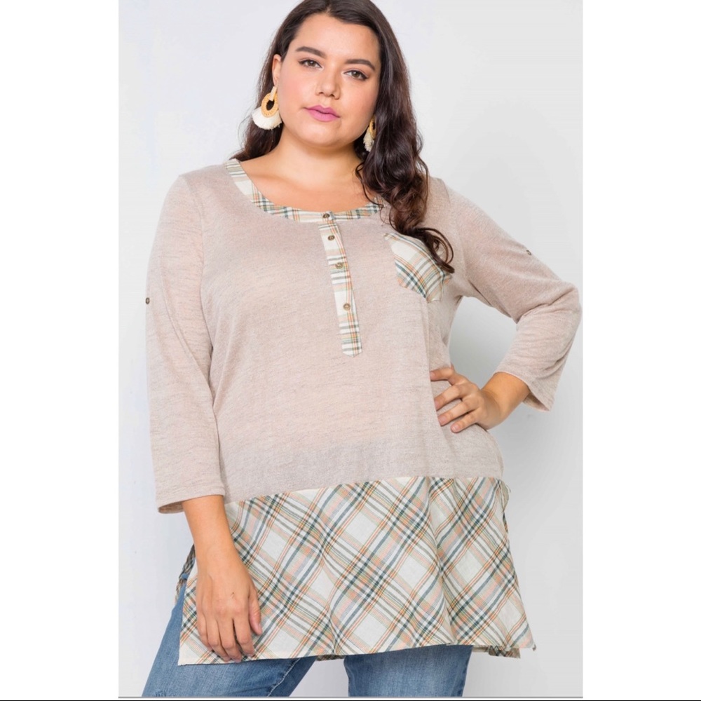 L Love Taupe Plaid Detail 3/4 Sleeve Top